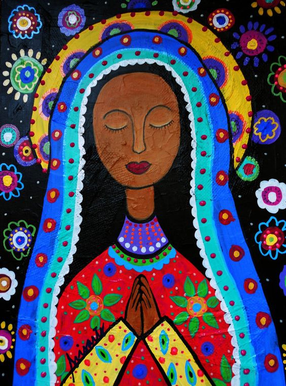 Image source Mexican Folk Art Our Lady of Virgin Guadalupe Painting PRINT Whimsical Flowers via Etsy