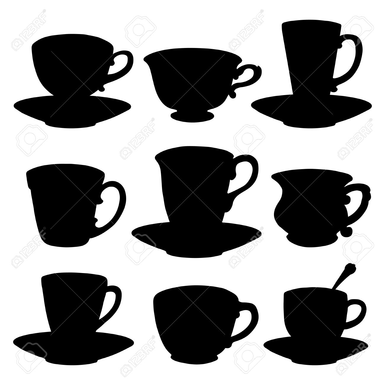 Icons set tea cups, coffee cups, spoon, saucer. Black silhouette isolated on a white background -Image source www.123rf.com