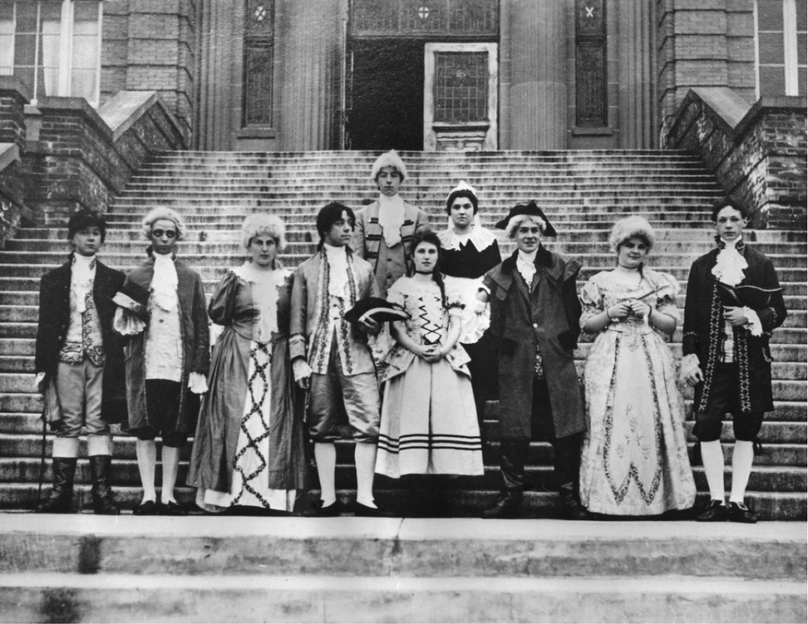 Drama Group posing on the front steps of the school (1950.)
