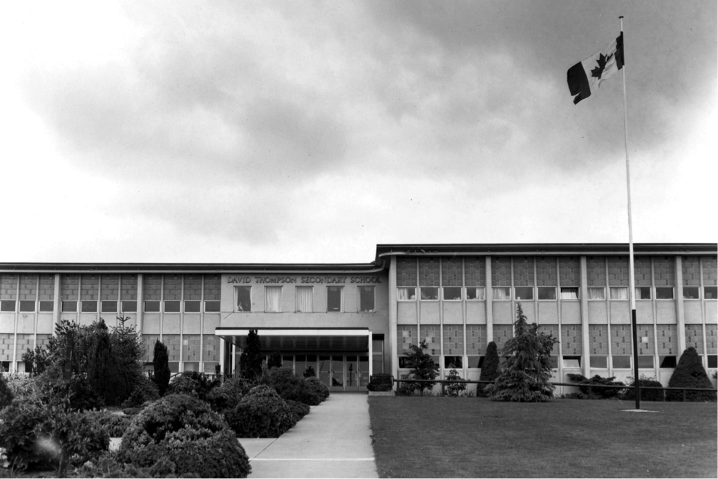 Ground view of entrance to David Thompson Secondary, main building (1970.)