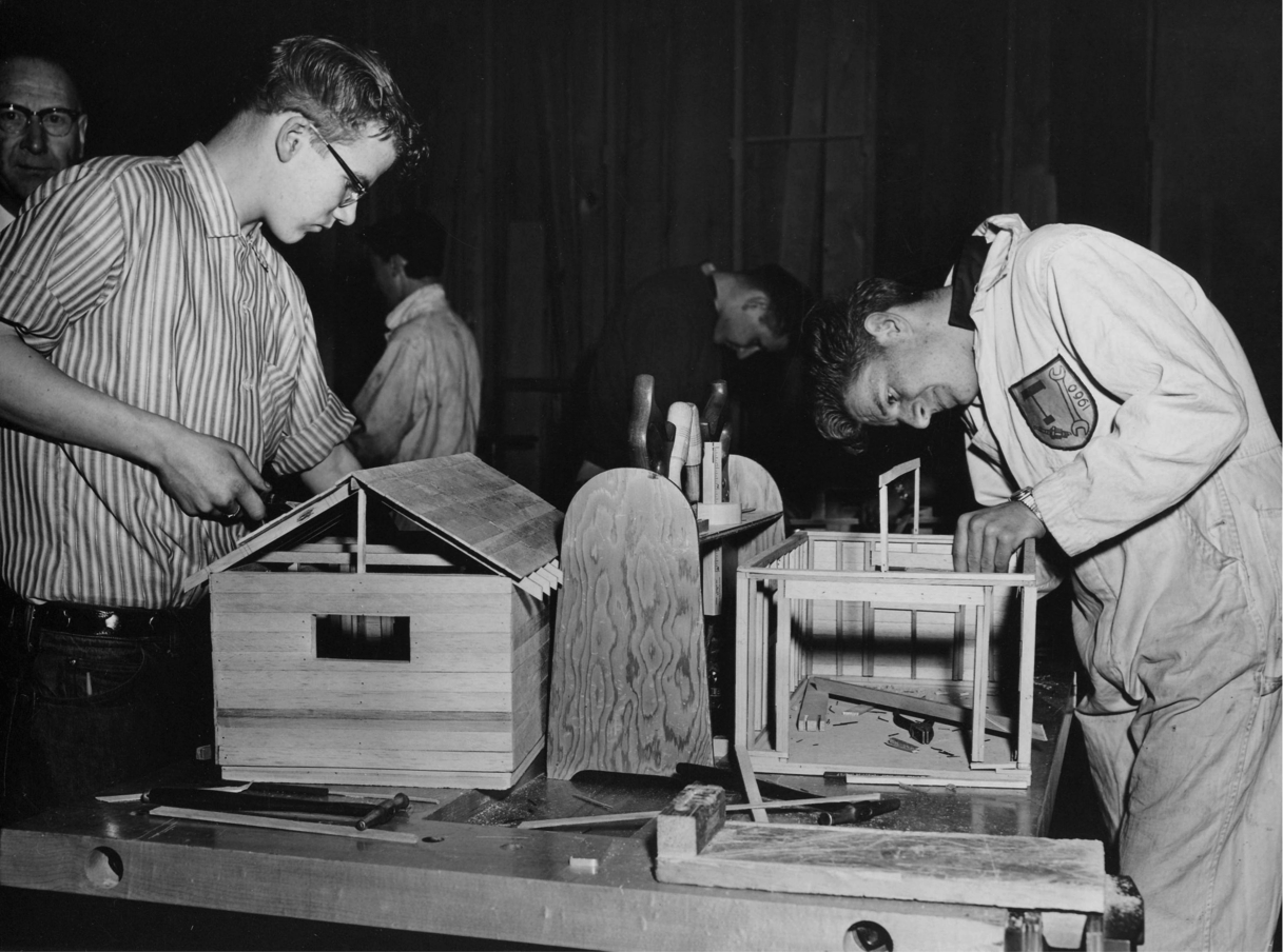 Students working on model houses (1960.)