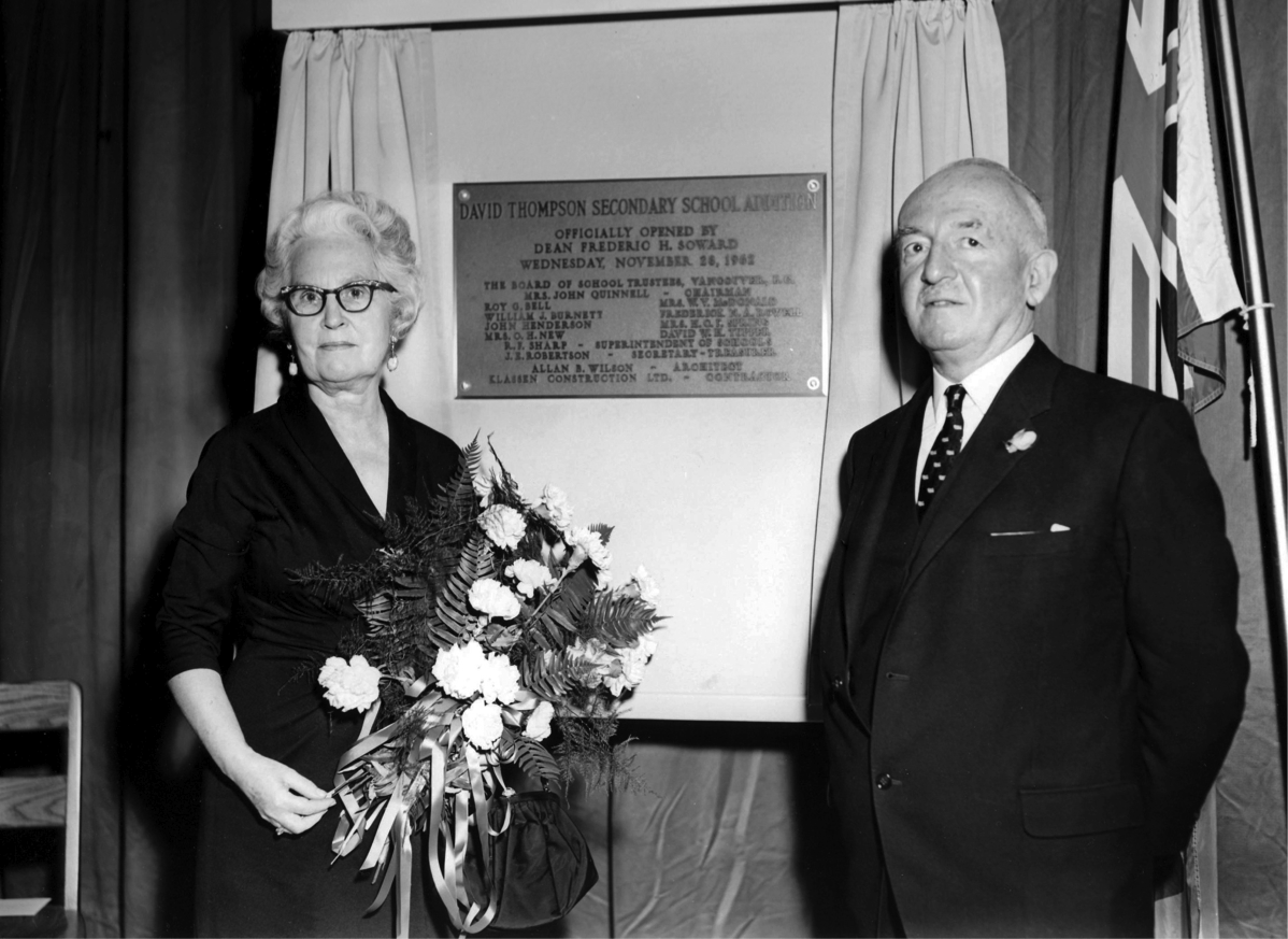 Dean Soward, UBC History Dept., and Mrs John Quinnell , Chairperson of the VSB , at opening of a new addition to the school (1962.)