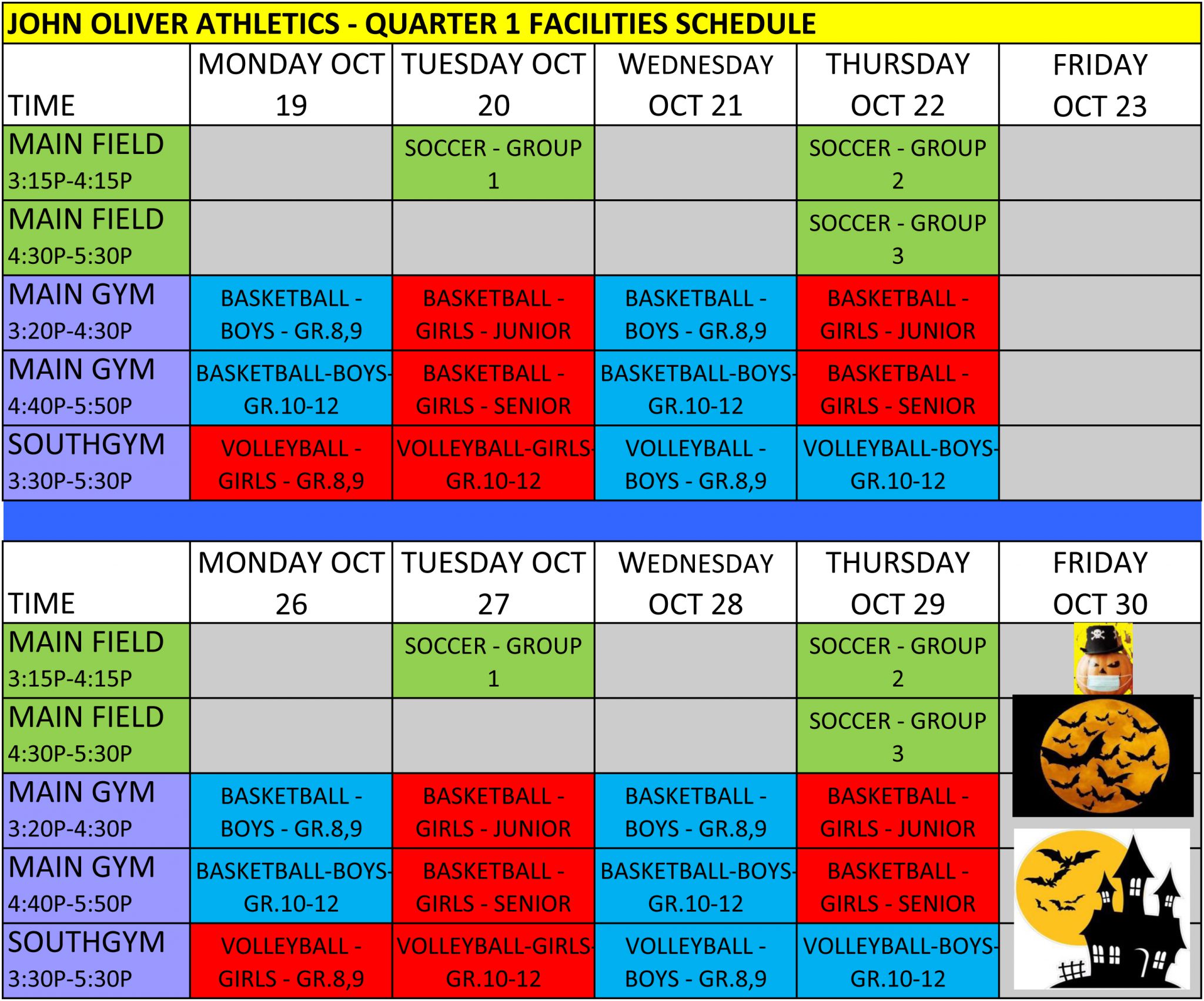 QUARTER 1 SCHEDULE – OCTOBER | JOHN OLIVER ATHLETICS